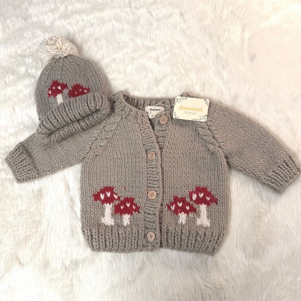 NWT Huggalugs Mushroom Cardigan & Beanie Set Toddler 2-3T Tan Hand Knit Chunky